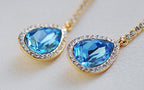 Teardrop Crystal Drop Earrings 18K Yellow Gold Coated with Splendent Crystal on Chain - Aquamarine Sea Blue