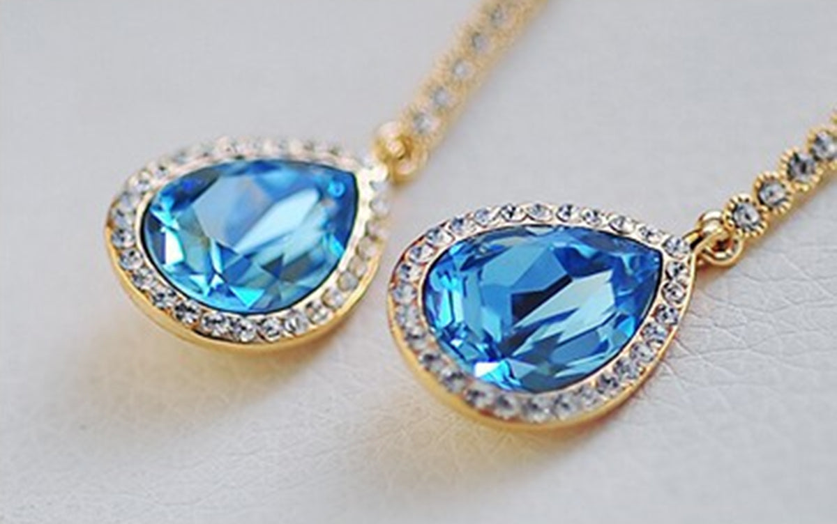 Teardrop Crystal Drop Earrings 18K Yellow Gold Coated with Splendent Crystal on Chain - Aquamarine Sea Blue