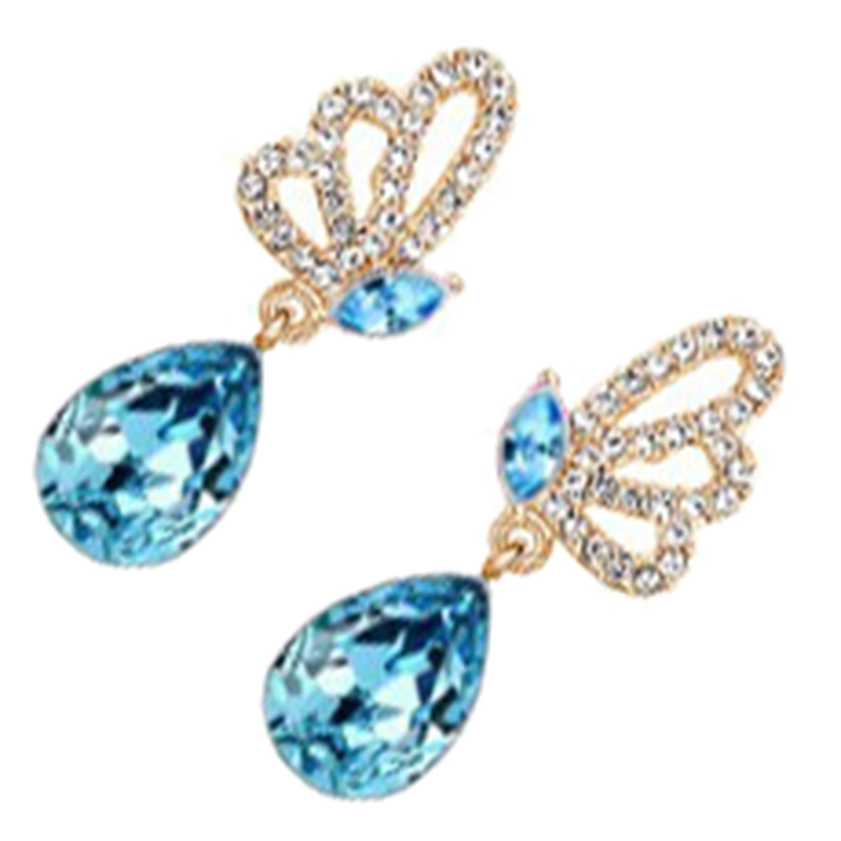 Sparkling Teardrop Dangle Earrings 18K Yellow Gold Coated with Crystal and Butterfly Adorned with White Stones
