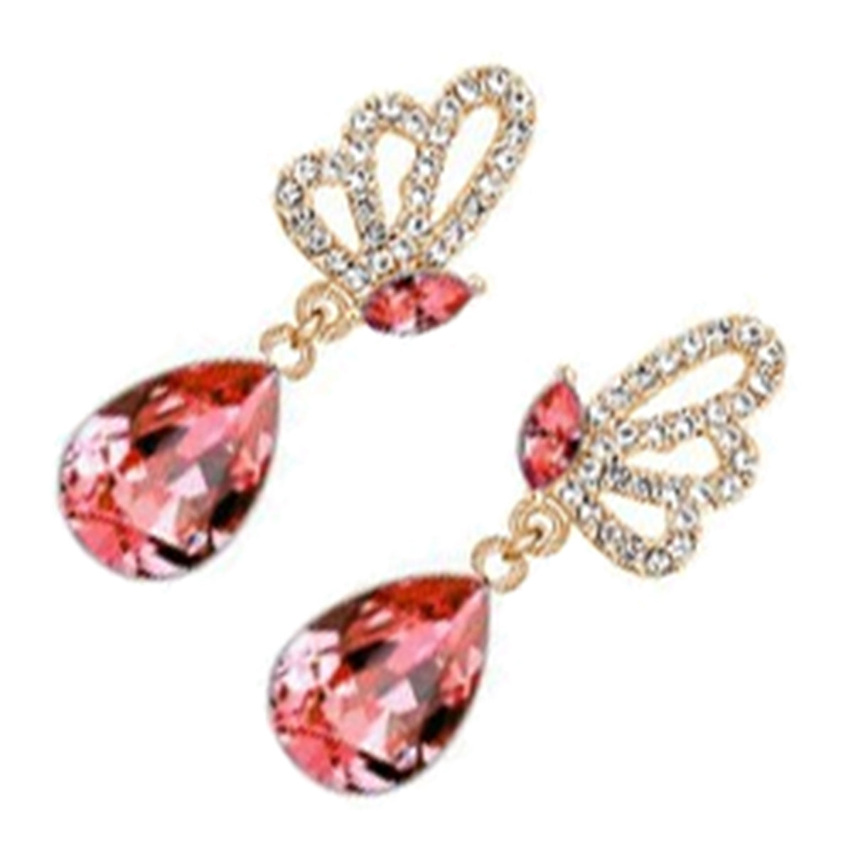 Sparkling Teardrop Dangle Earrings 18K Yellow Gold Coated with Crystal and Butterfly Adorned with White Stones