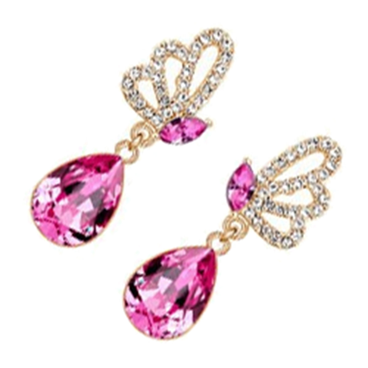 Sparkling Teardrop Dangle Earrings 18K Yellow Gold Coated with Crystal and Butterfly Adorned with White Stones