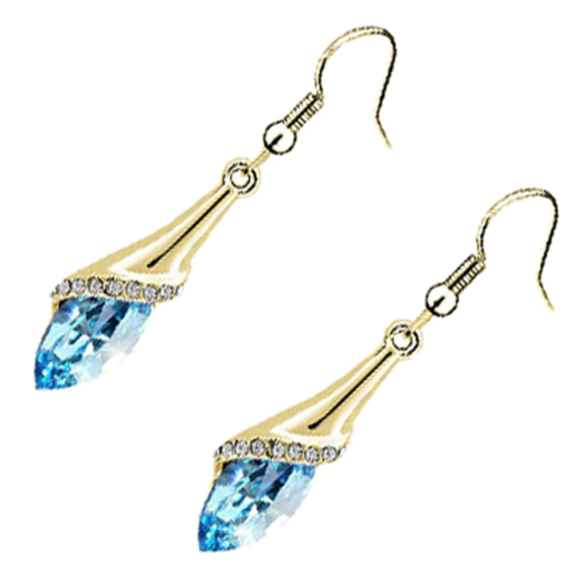 Long Drop Earrings 18K Yellow Gold Coated with Flower Design Brilliant White Stones, and Oval Berry Crystal