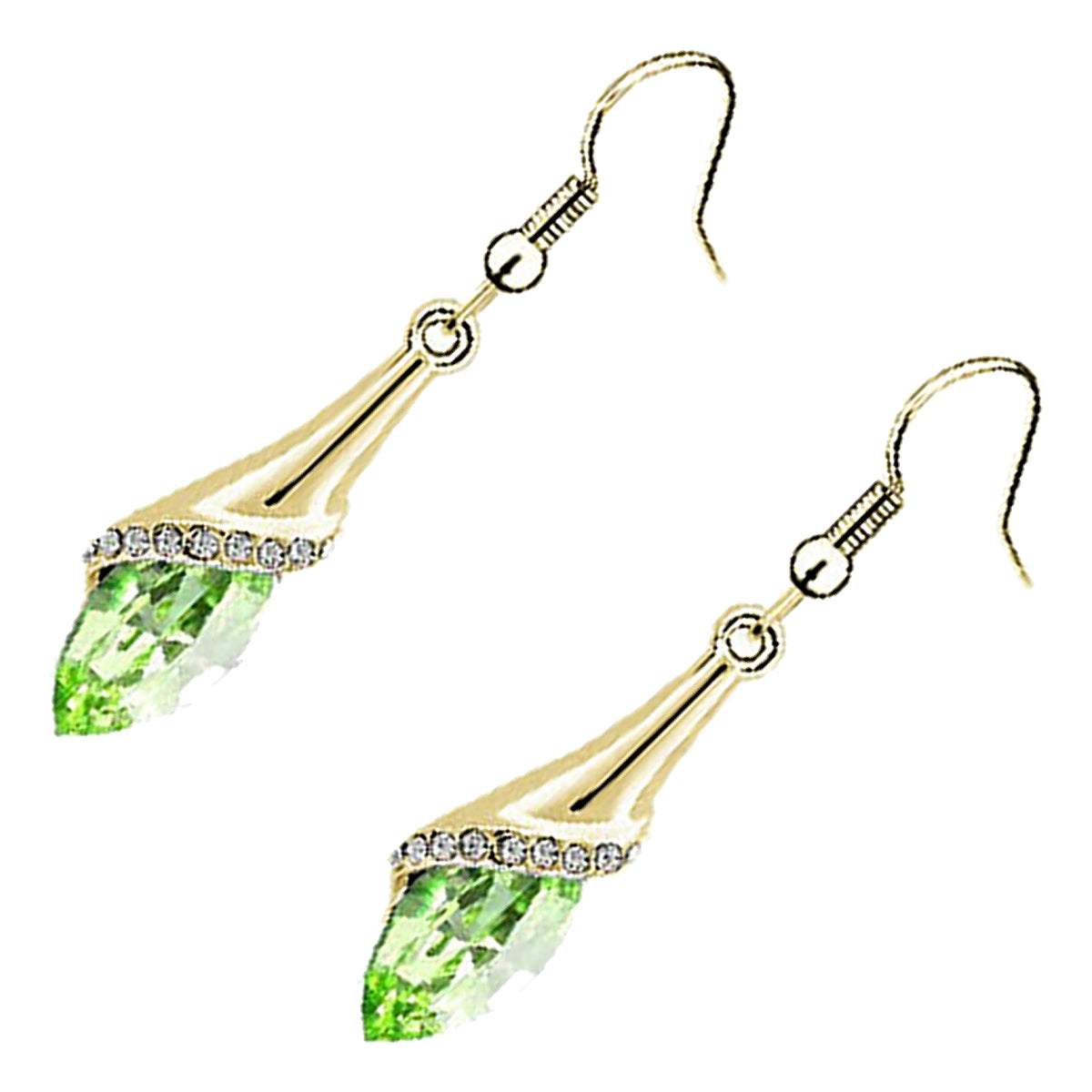 Long Drop Earrings 18K Yellow Gold Coated with Flower Design Brilliant White Stones, and Oval Berry Crystal