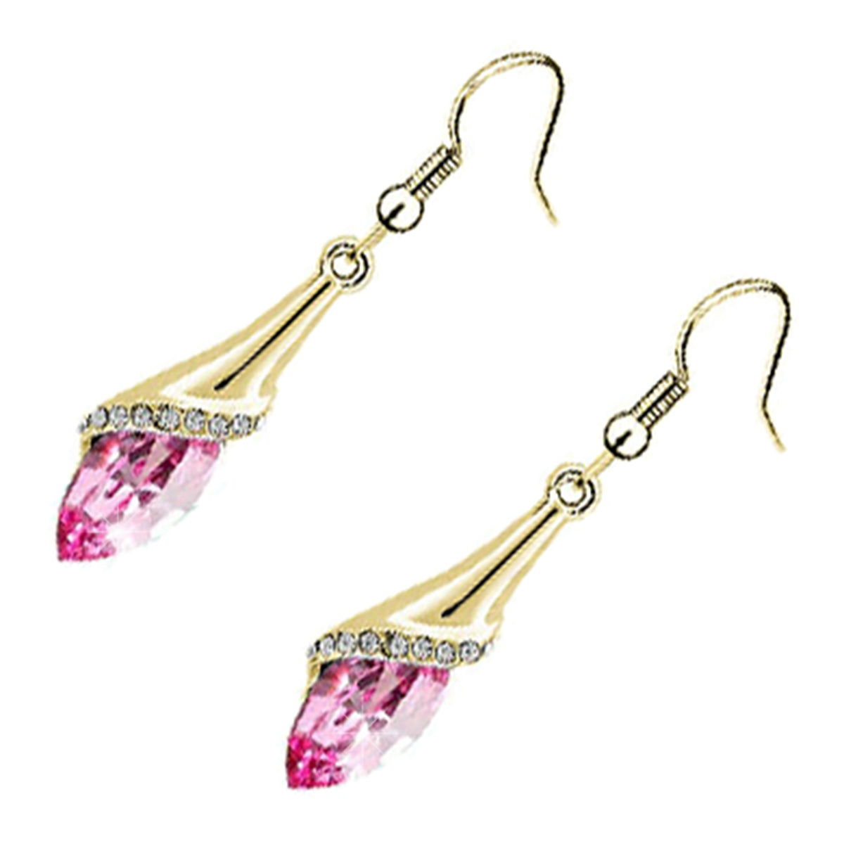 Long Drop Earrings 18K Yellow Gold Coated with Flower Design Brilliant White Stones, and Oval Berry Crystal