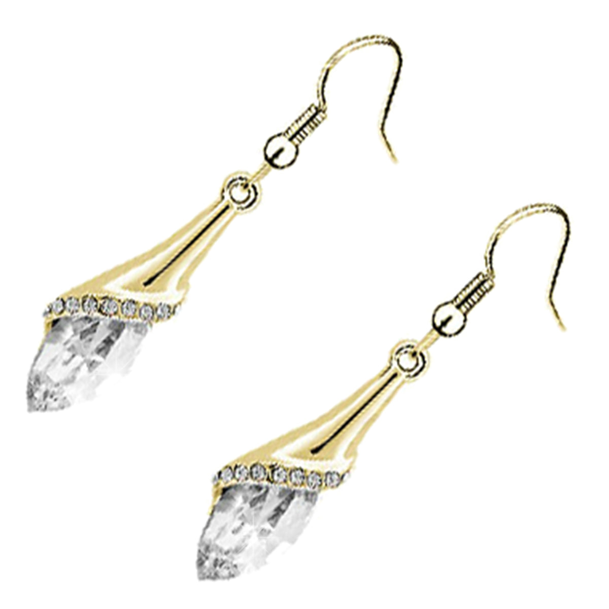 Long Drop Earrings 18K Yellow Gold Coated with Flower Design Brilliant White Stones, and Oval Berry Crystal