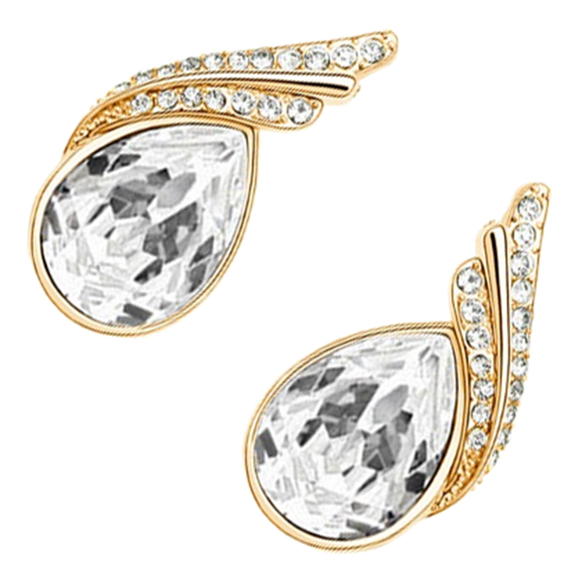 Sparkling Water Drop Earrings 18K Yellow Gold Coated with Crystal and Diamond Clear Stone-Embellished Bands