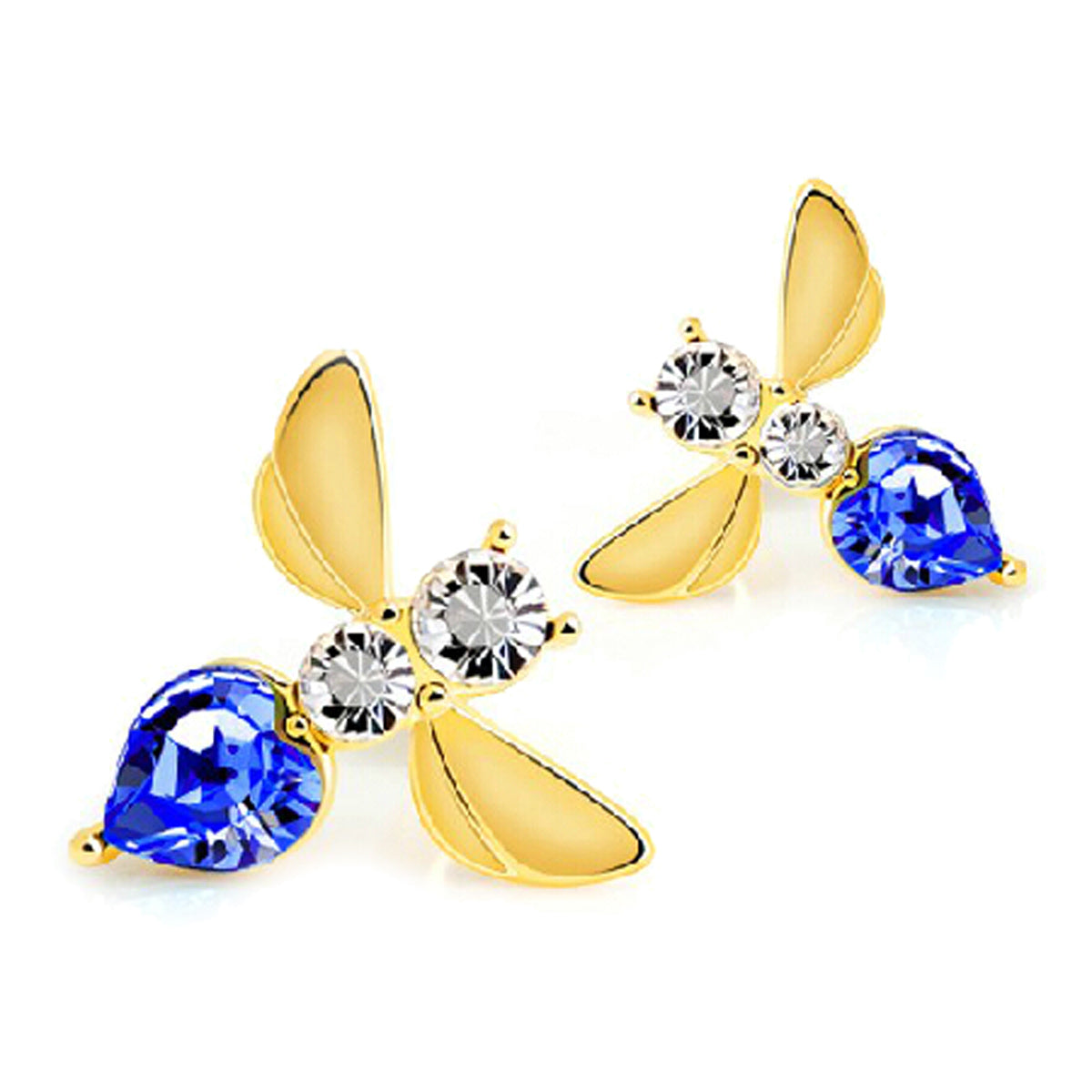 Flying Bee Earrings 18K Yellow Gold Coated Adorned with Clear Stones and Crystal
