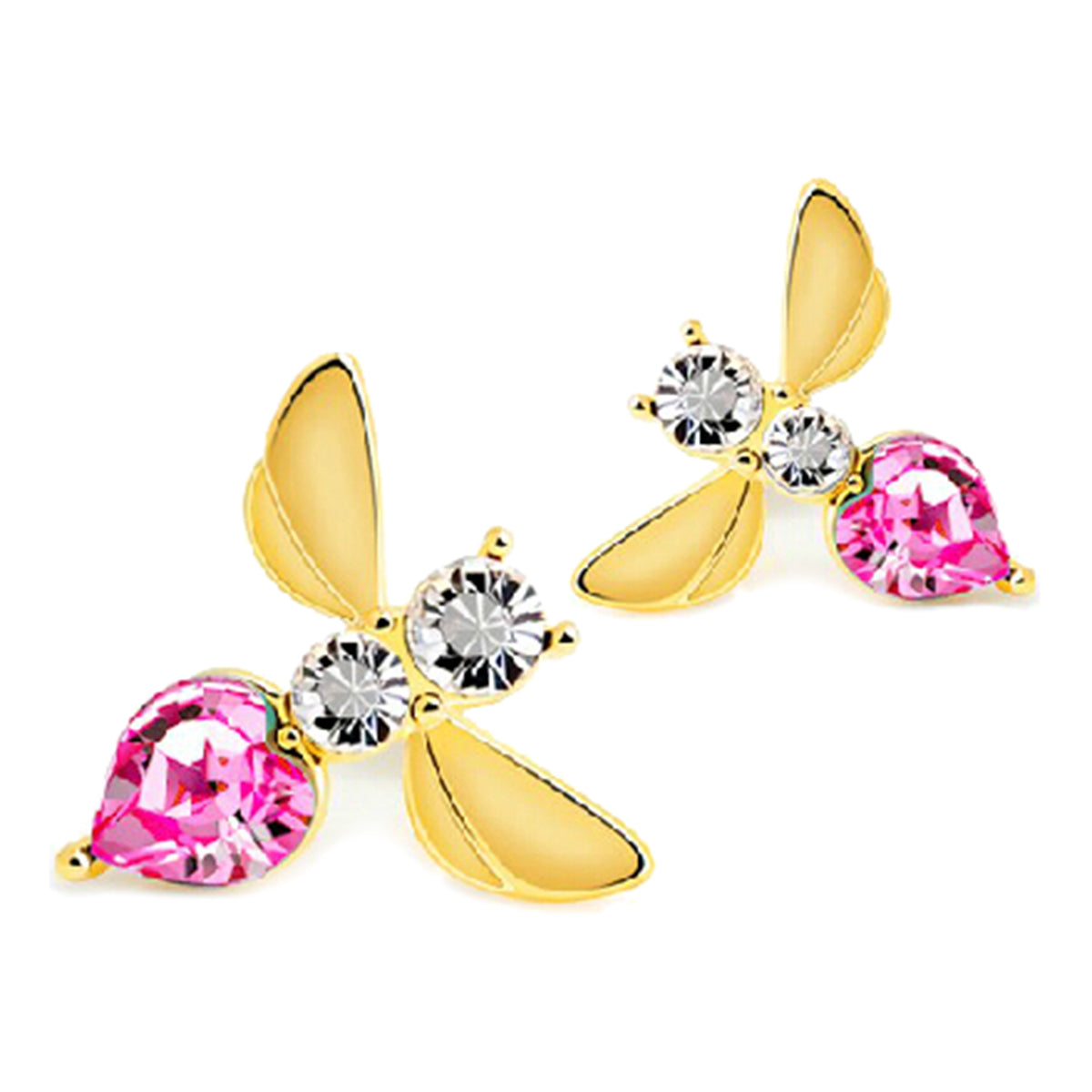 Flying Bee Earrings 18K Yellow Gold Coated Adorned with Clear Stones and Crystal