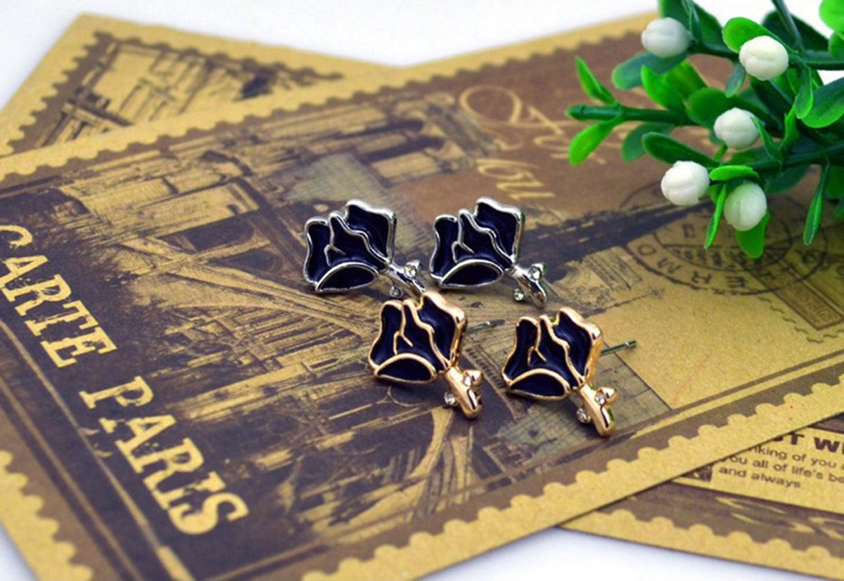18K Yellow Gold Coated Stud Earrings with Rose Flower and Stalk Adorned with 2 White Stones - Black