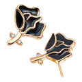 18K Yellow Gold Coated Stud Earrings with Rose Flower and Stalk Adorned with 2 White Stones