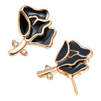 18K Yellow Gold Coated Stud Earrings with Rose Flower and Stalk Adorned with 2 White Stones