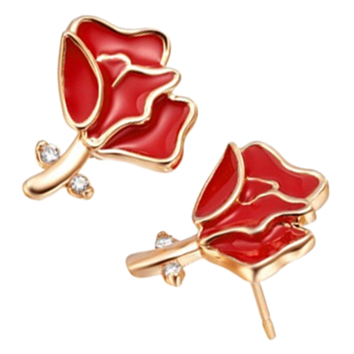 18K Yellow Gold Coated Stud Earrings with Rose Flower and Stalk Adorned with 2 White Stones