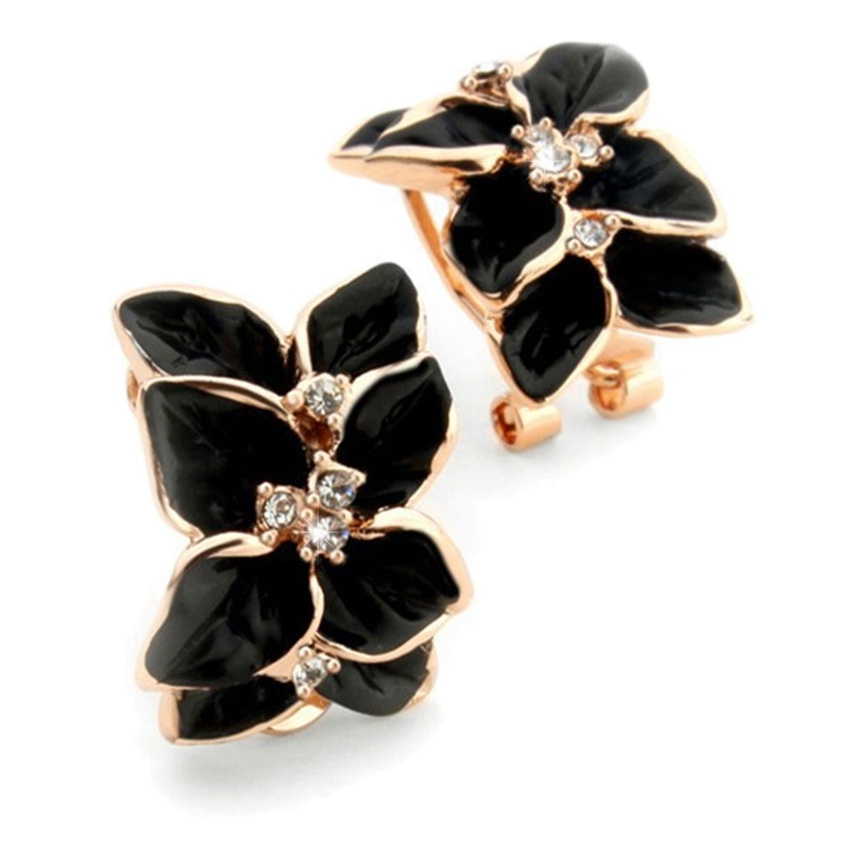 Vintage Flower Earrings 18K Yellow Gold Coated with Leaves and Diamond Clear Crystals