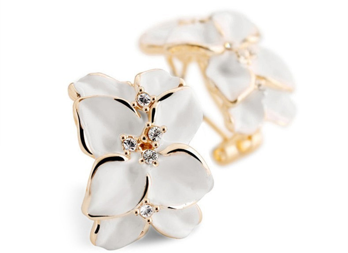 Vintage Flower Earrings 18K Yellow Gold Coated with Leaves and Diamond Clear Crystals