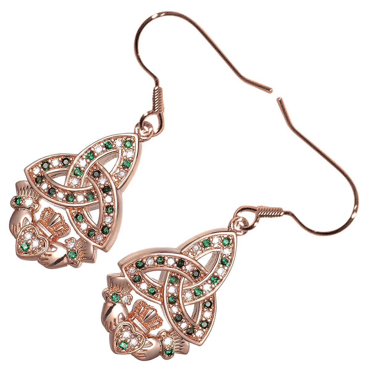 18K Rose Gold-Coated Celtic Trinity Knot Earrings Unique Claddagh Design Paved with Zircon Stones