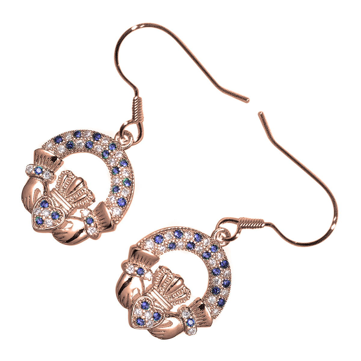18K Rose Gold Coated Claddagh Ring Earrings Adorned with Cubic Zirconia Stones