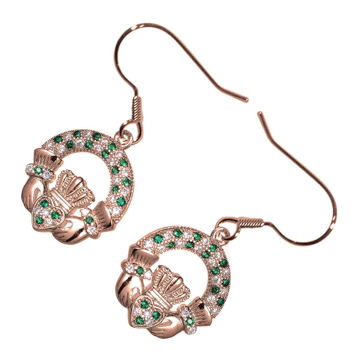 18K Rose Gold Coated Claddagh Ring Earrings Adorned with Cubic Zirconia Stones