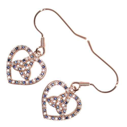 18K Rose Gold Coated Celtic Trinity Knot Heart Earrings Zircon Stones