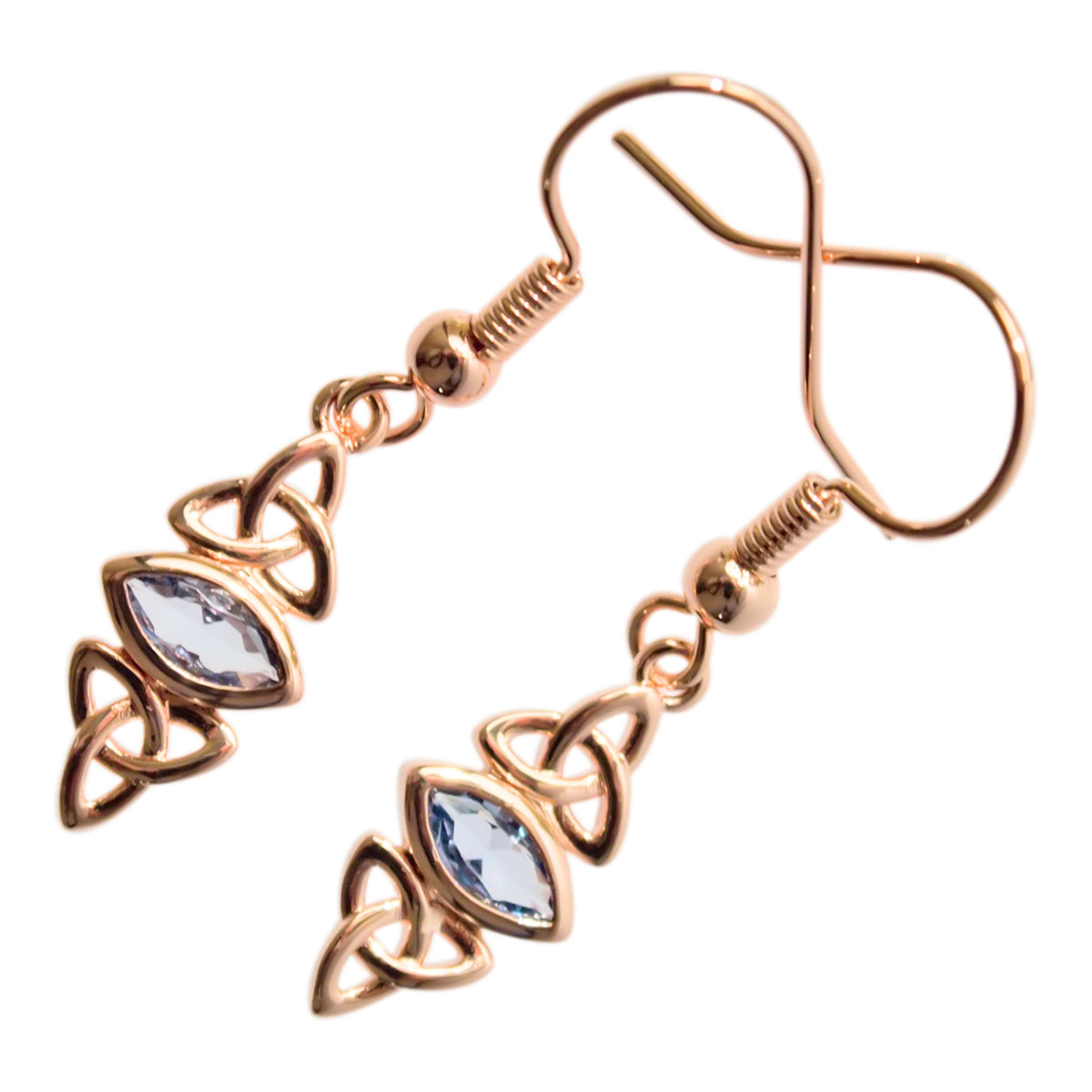 Double Celtic Trinity Knot Earrings 18K Rose Gold Coated Embracing Navette Cut Stone