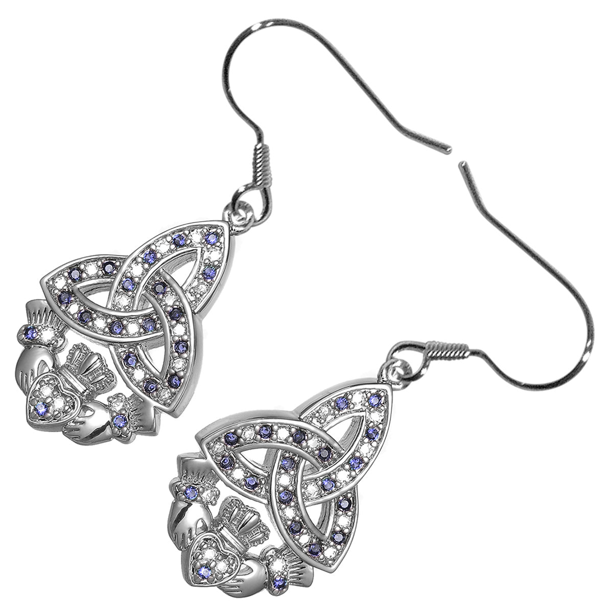 Claddagh Earrings 18K White Gold Coated Celtic Trinity Knot Paved with Zircon Stones