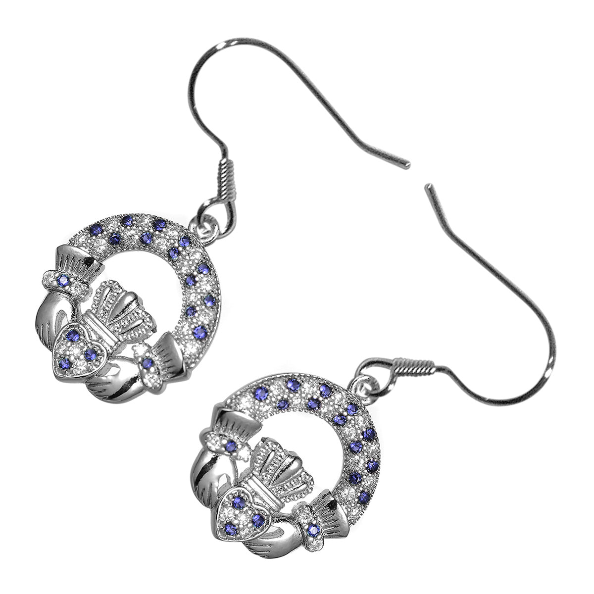 18K White Gold Coated Claddagh Ring Earrings Adorned with Cubic Zirconia Stones