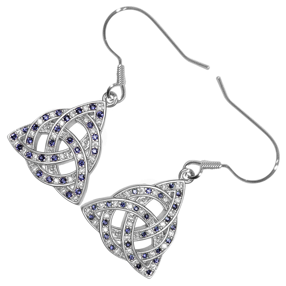 Earrings 18K White Gold Coated Celtic Trinity Knot with Circle Ornament and CZ Stones