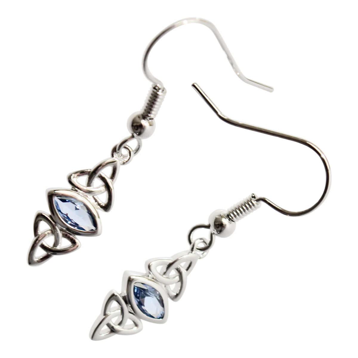 Earrings 18K White Gold Coated Double Celtic Trinity Knot Embracing Marquise Cut Stone