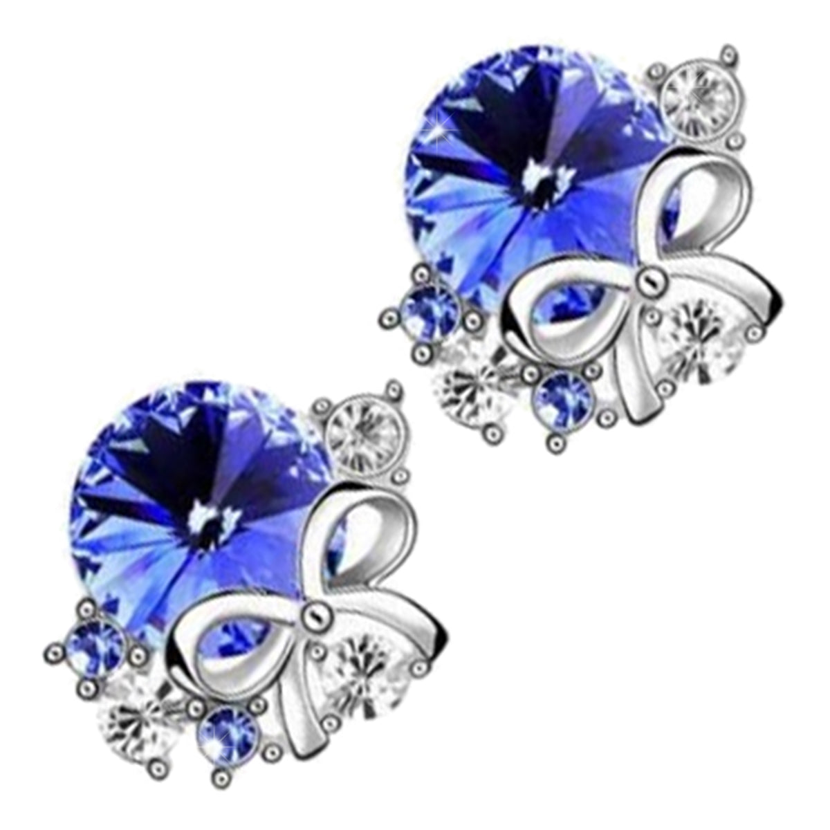 Earrings 925 Sterling Silver Coated with Main Round Stone and 5 Crystal Bow Knot