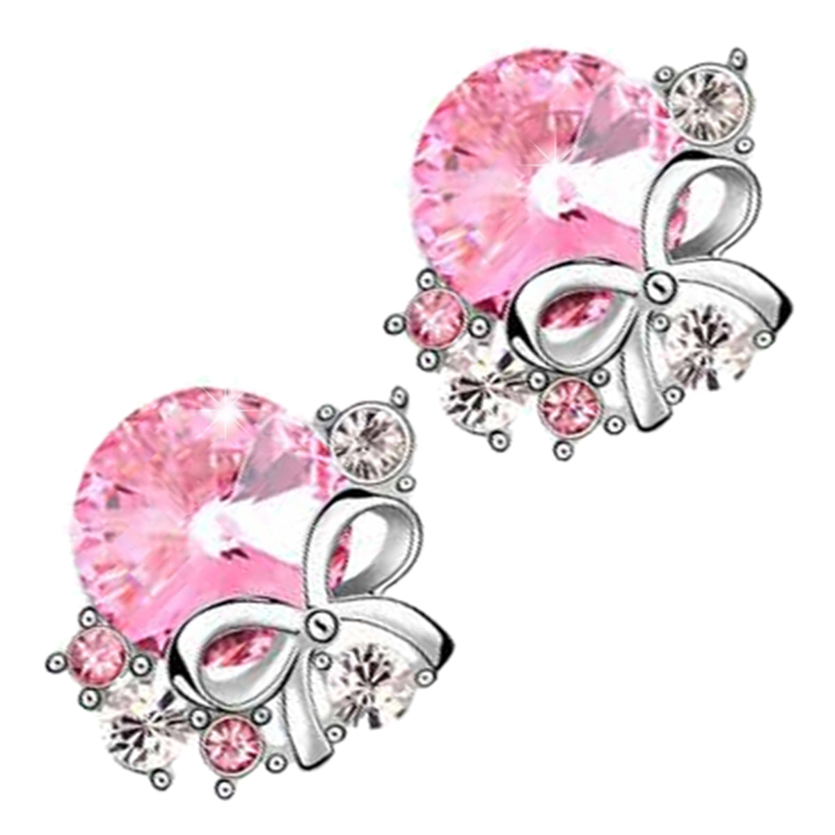 Earrings 925 Sterling Silver Coated with Main Round Stone and 5 Crystal Bow Knot