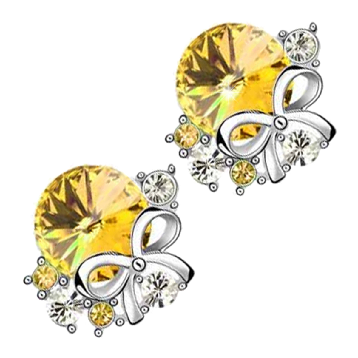 Earrings 925 Sterling Silver Coated with Main Round Stone and 5 Crystal Bow Knot