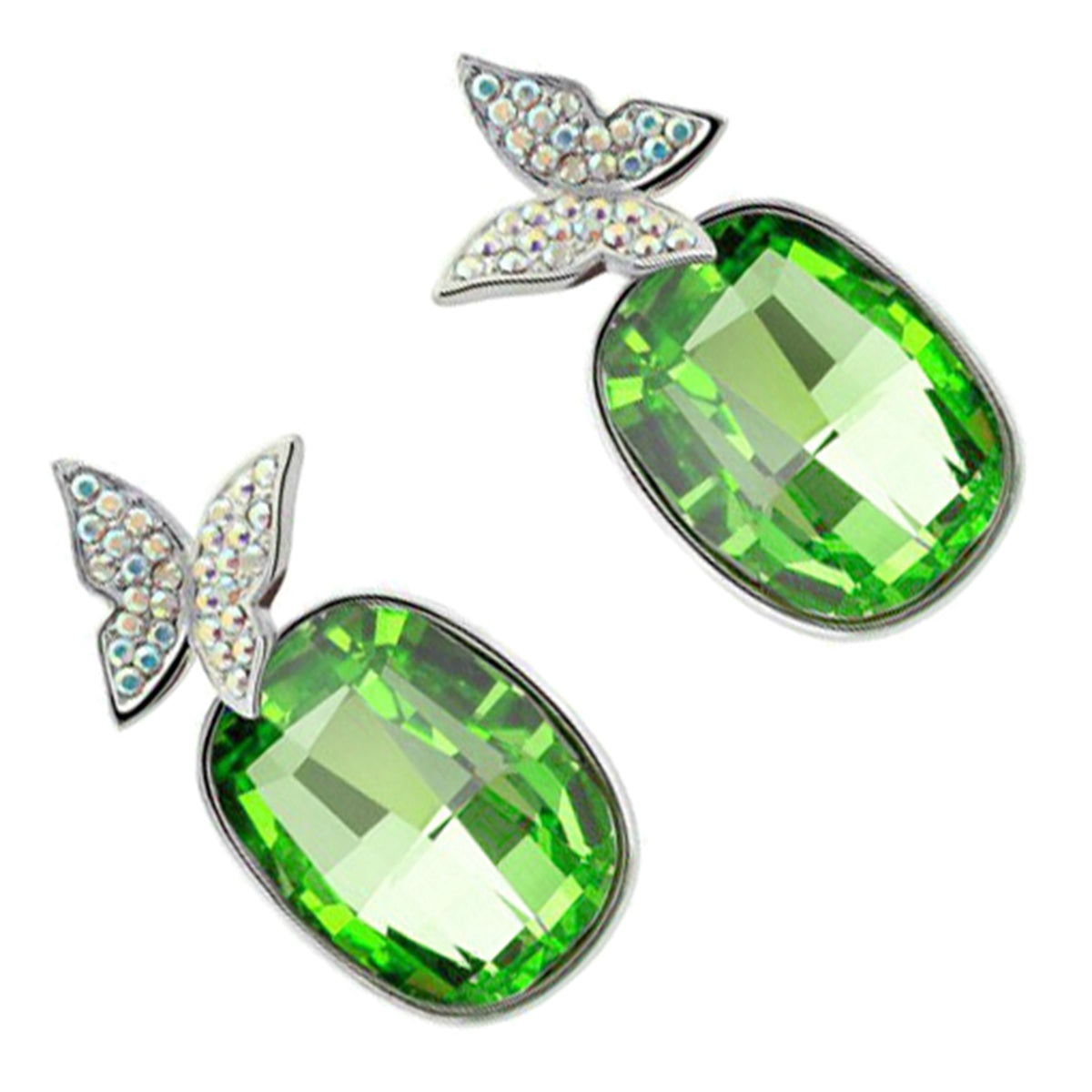 Earrings 925 Sterling Silver Coated with Main Oval Crystal and Flying Butterfly - Emerald Green