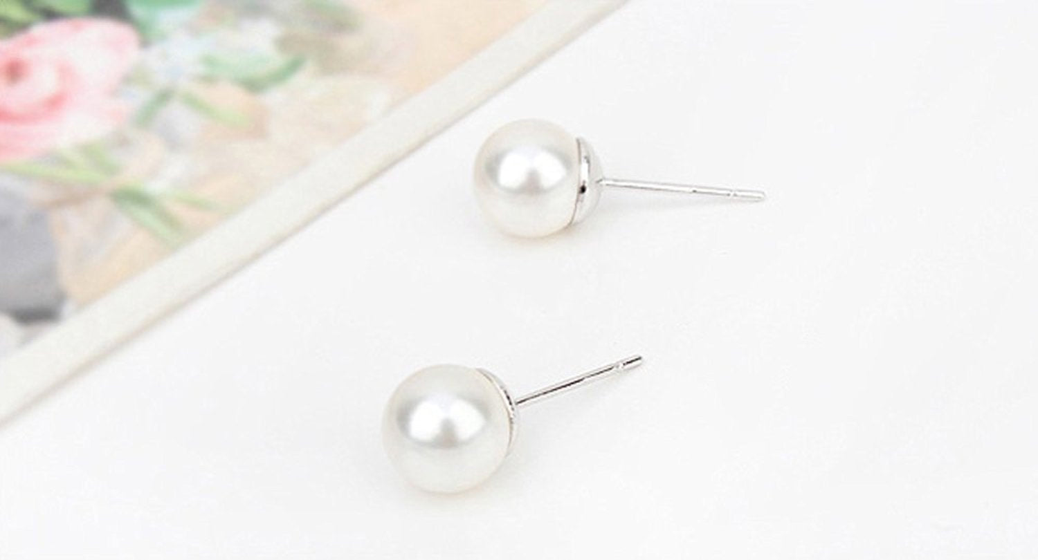 Earrings 925 Sterling Silver Coated Round Pearl - White