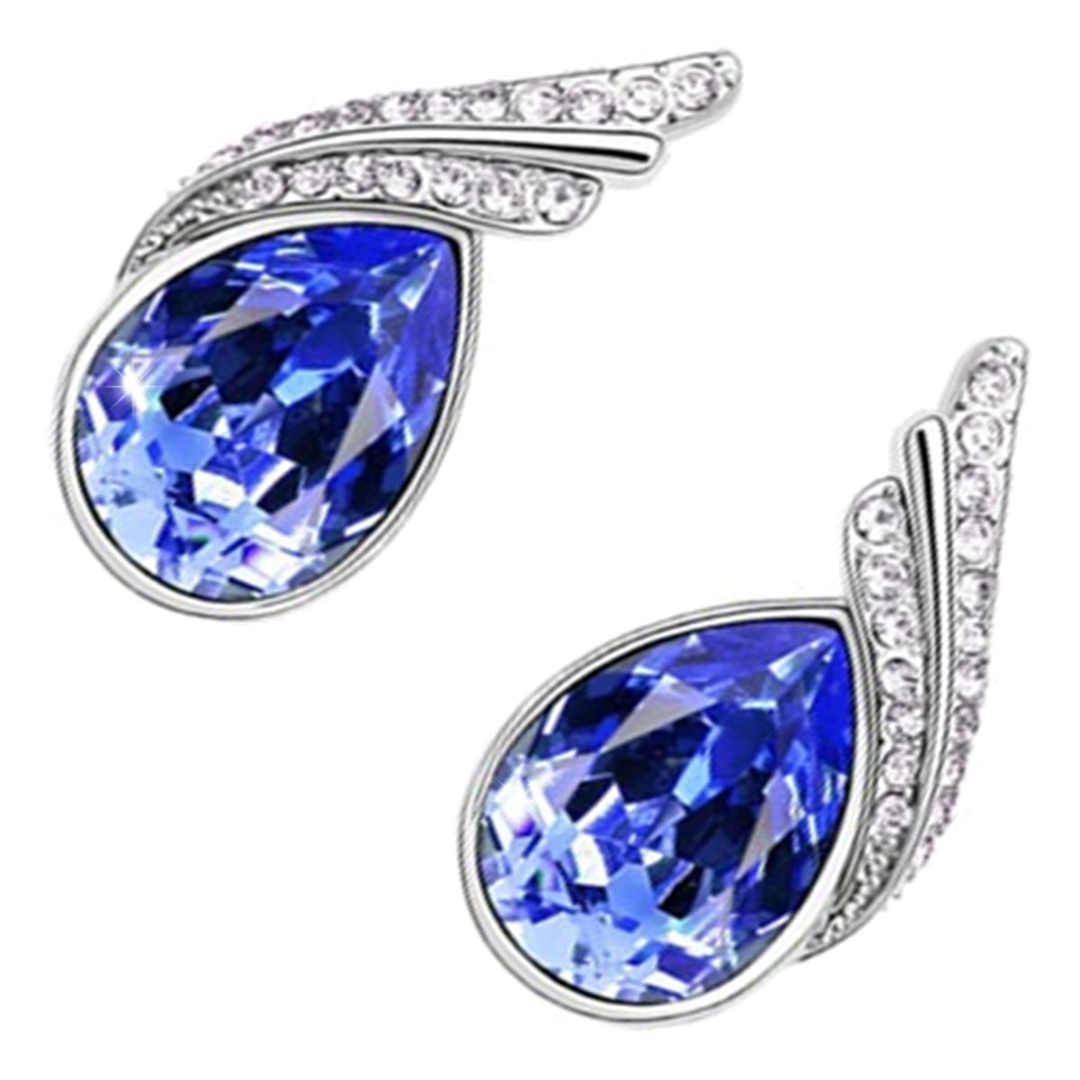 Water Drop Shaped Earrings 925 Sterling Silver Coated Inlay Main Crystal with Diamond Clear Stone Adorned 2 Bands