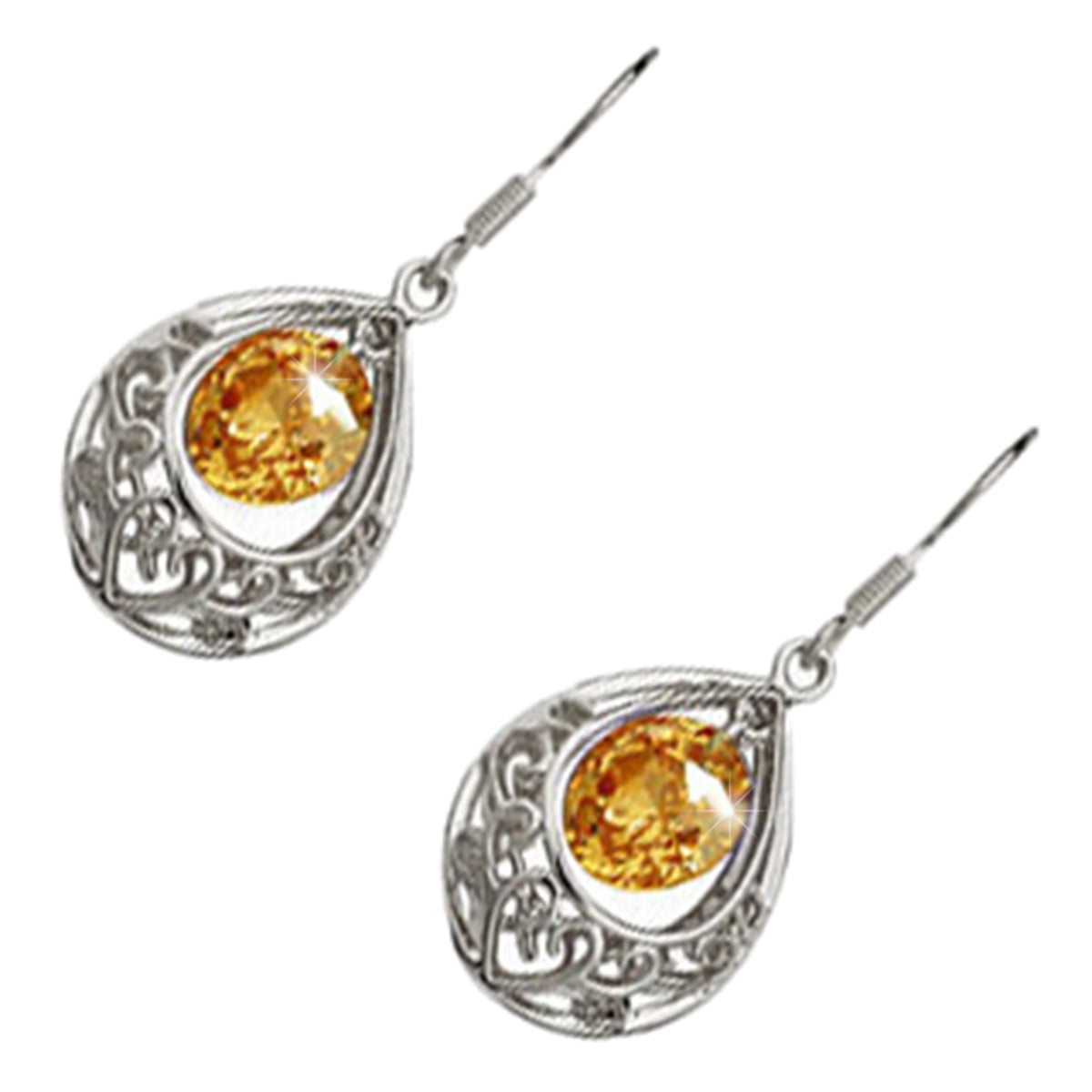 Vintage Filigree Drop Earrings 925 Sterling Silver Coated Round Zircon Stone Within Teardrop