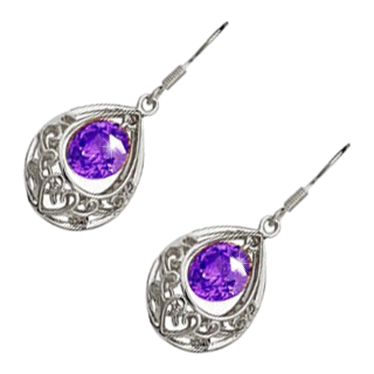 Vintage Filigree Drop Earrings 925 Sterling Silver Coated Round Zircon Stone Within Teardrop