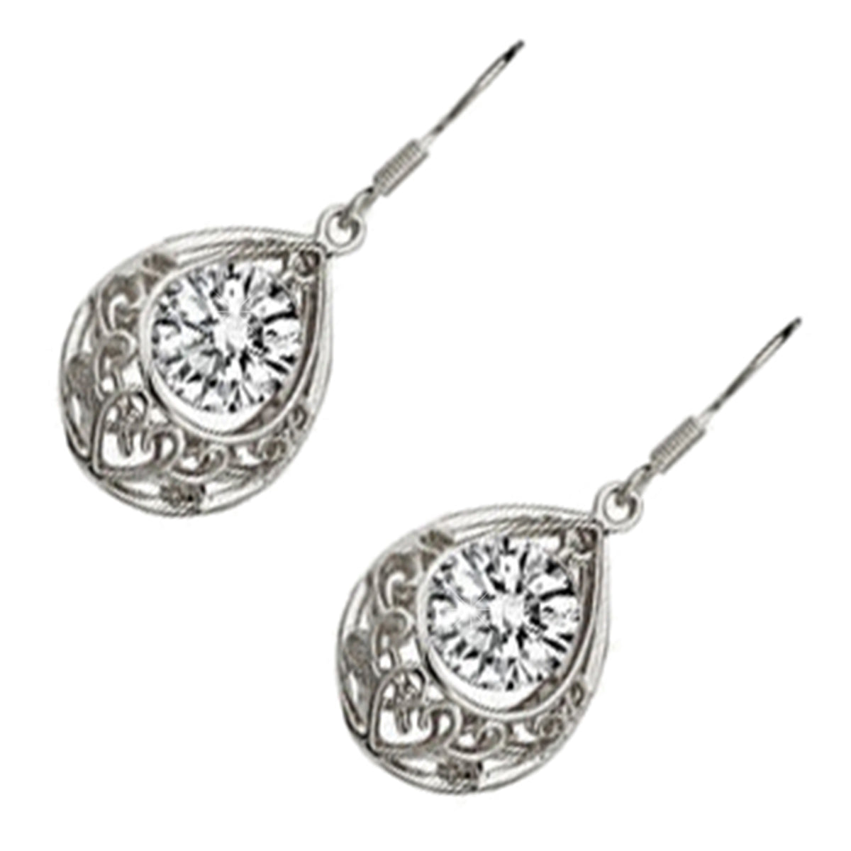 Vintage Filigree Drop Earrings 925 Sterling Silver Coated Round Zircon Stone Within Teardrop