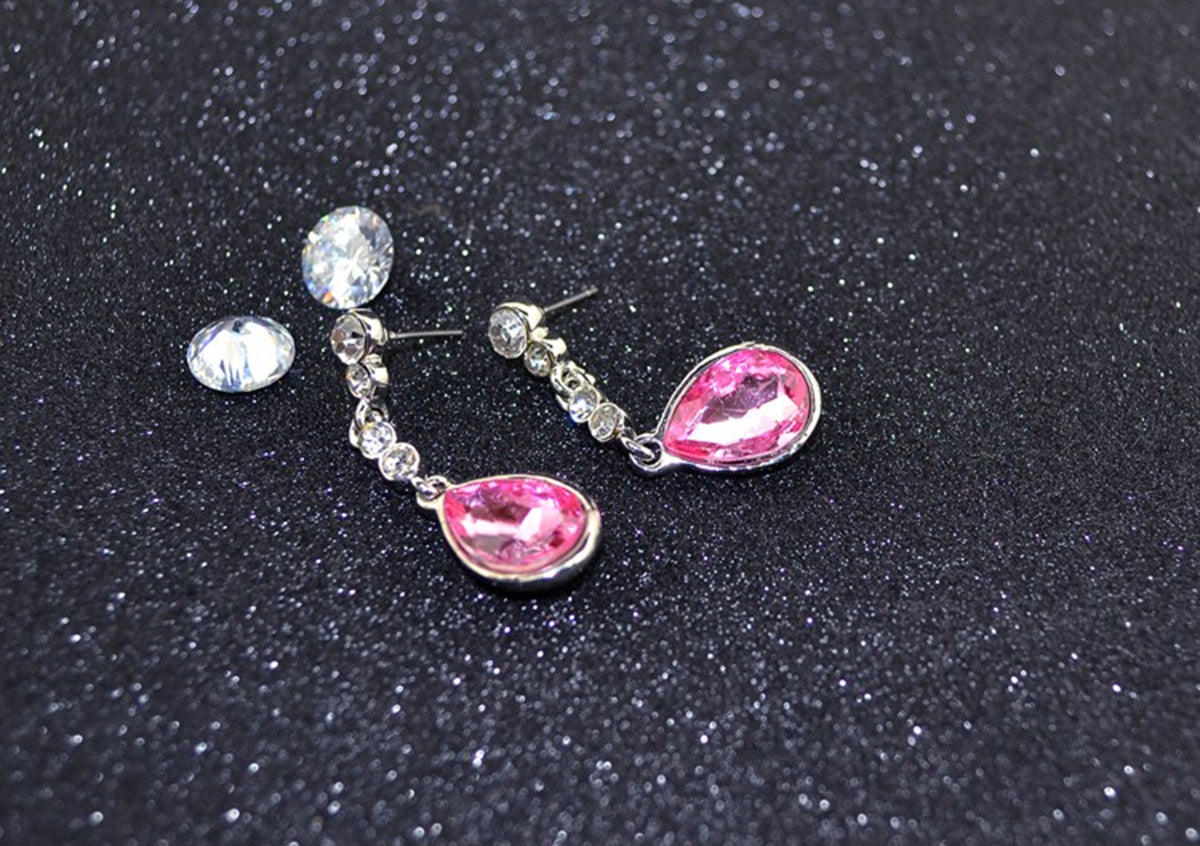 Sparkling Teardrop Drop Earrings 925 Sterling Silver Coated with Crystal on Chain Graced with White Stones - Amethyst Rose