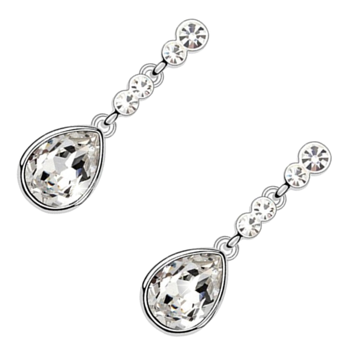 Sparkling Teardrop Drop Earrings 925 Sterling Silver Coated with Crystal on Chain Graced with White Stones