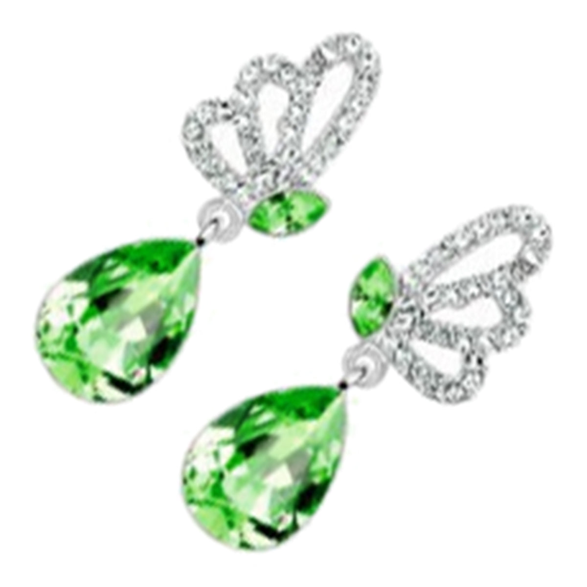 Dangle Earrings 925 Sterling Silver Coated Teardrop with Sparkling Crystal and Butterfly Adorned with White Stones - Emerald Green