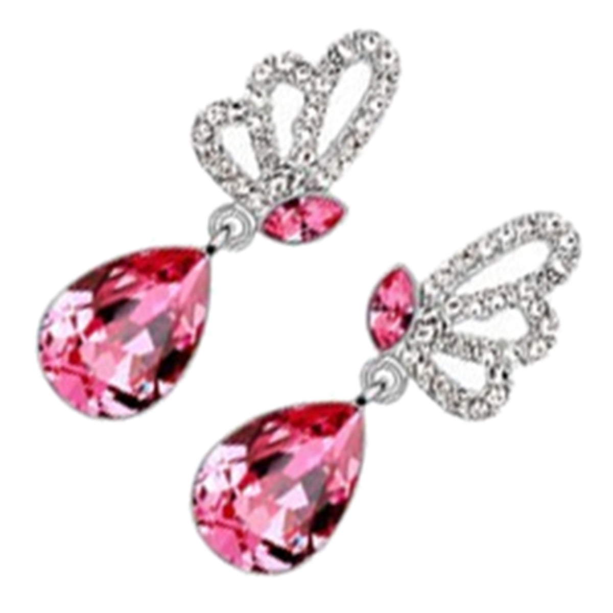 Dangle Earrings 925 Sterling Silver Coated Teardrop with Sparkling Crystal and Butterfly Adorned with White Stones