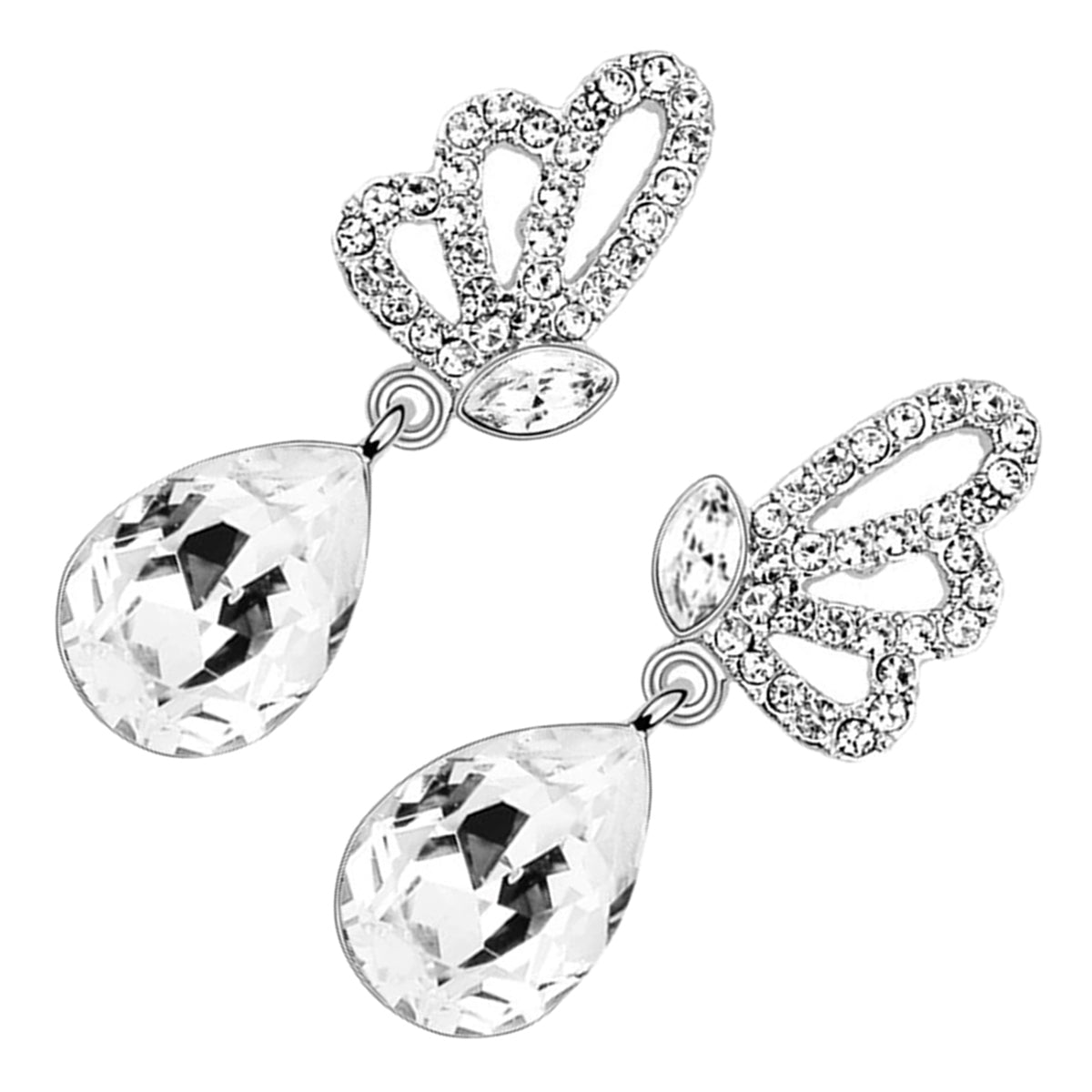 Dangle Earrings 925 Sterling Silver Coated Teardrop with Sparkling Crystal and Butterfly Adorned with White Stones