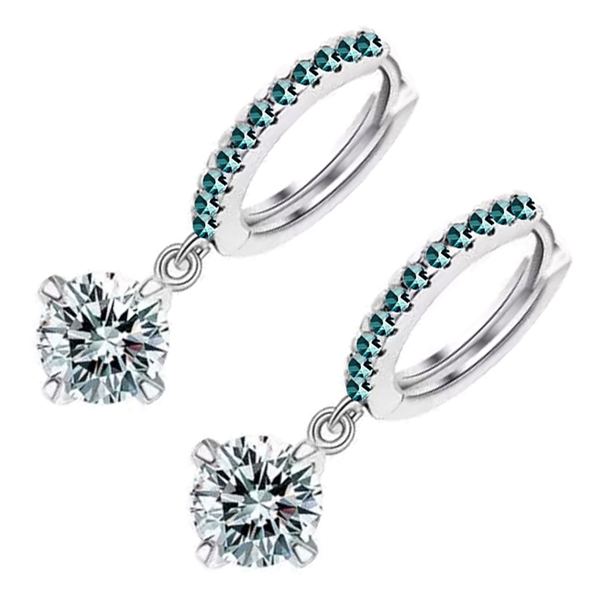 Classic Ladies Hoop Earrings 925 Sterling Silver Coated Round Sparkling Crystal Pendant on Circle with White Stones