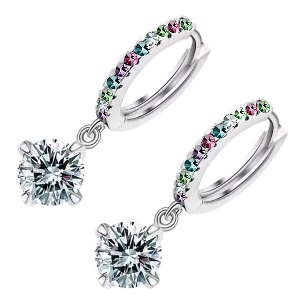 Classic Ladies Hoop Earrings 925 Sterling Silver Coated Round Sparkling Crystal Pendant on Circle with White Stones