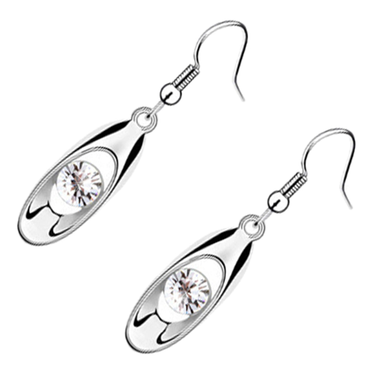 Oval Shaped Drop Earrings 925 Sterling Silver Coated Round Sparkling Crystal Inside