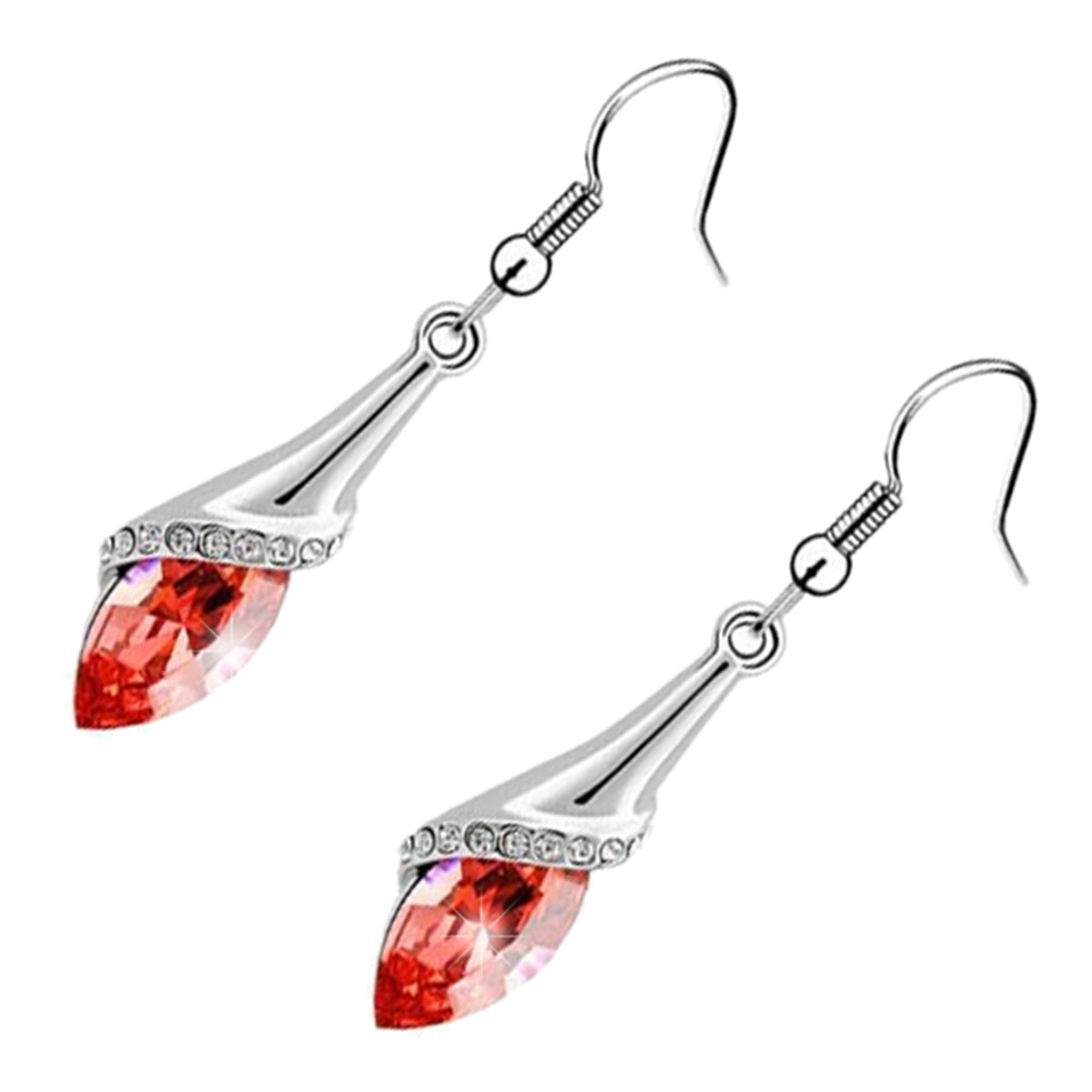 Drop Earrings 925 Sterling Silver Coated Flower Design Paved with Brilliant White Stones and Oval Berry Crystal