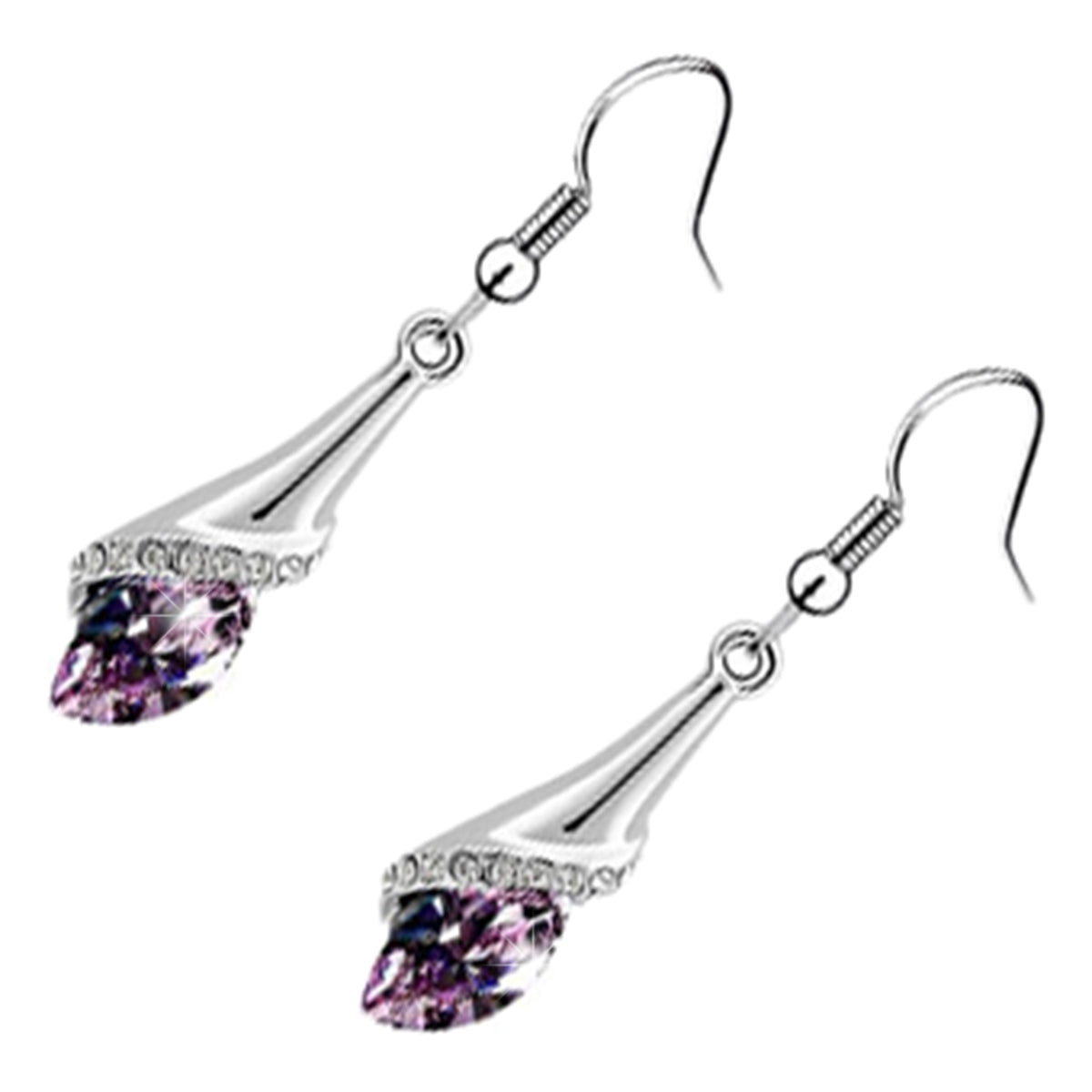 Drop Earrings 925 Sterling Silver Coated Flower Design Paved with Brilliant White Stones and Oval Berry Crystal