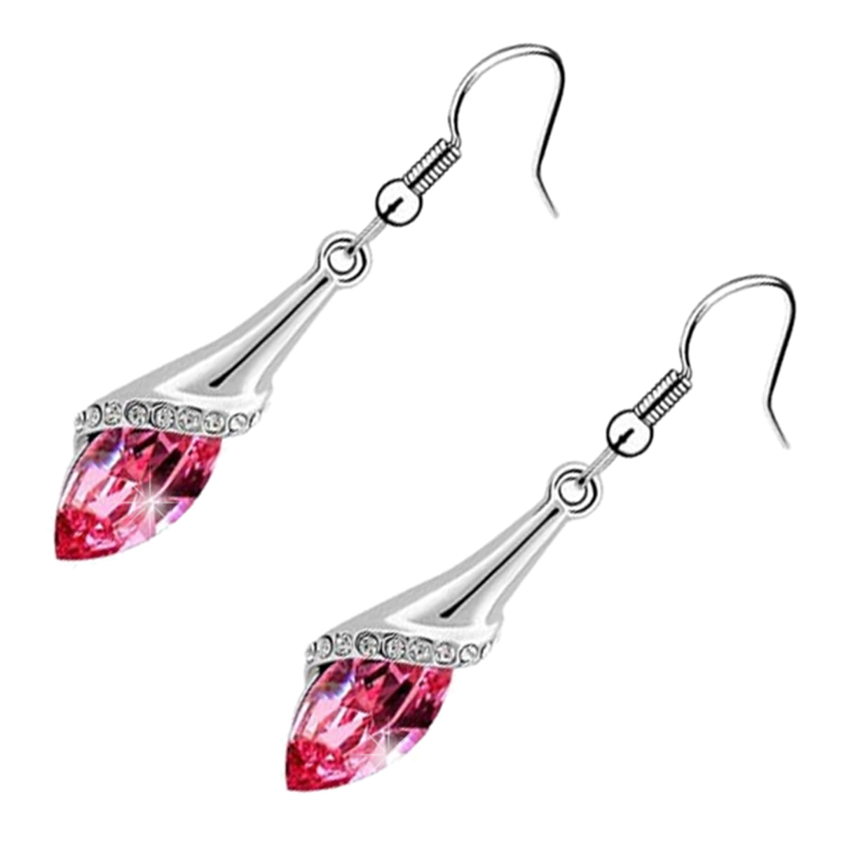 Drop Earrings 925 Sterling Silver Coated Flower Design Paved with Brilliant White Stones and Oval Berry Crystal