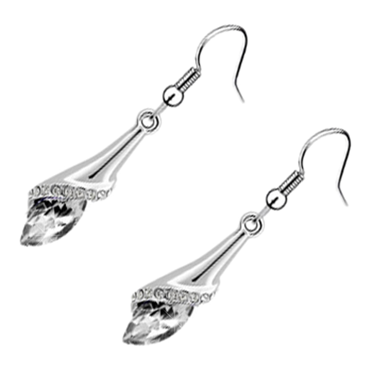 Drop Earrings 925 Sterling Silver Coated Flower Design Paved with Brilliant White Stones and Oval Berry Crystal