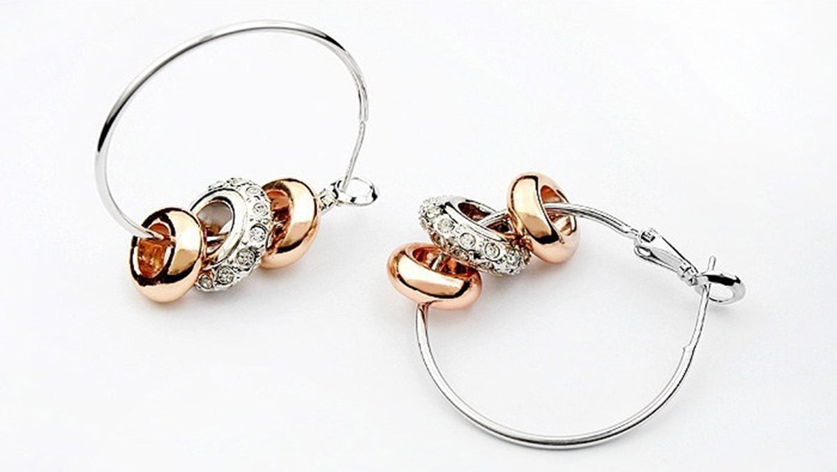 Charm Hoop Earrings 925 Sterling Silver Coated with 3 Precious Metal Coated Beads - Gold