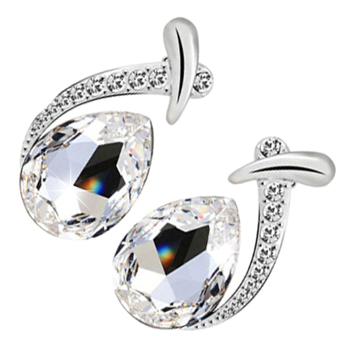 Water Drop Earrings 925 Sterling Silver Coated with Sparkling Crystal Under Band Paved with Stones